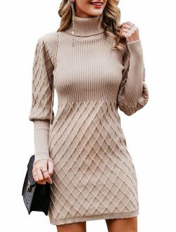 Sollinarry Women's Turtleneck Long Sleeve Slim Fit Knit Sweater Bodycon Mini Dress