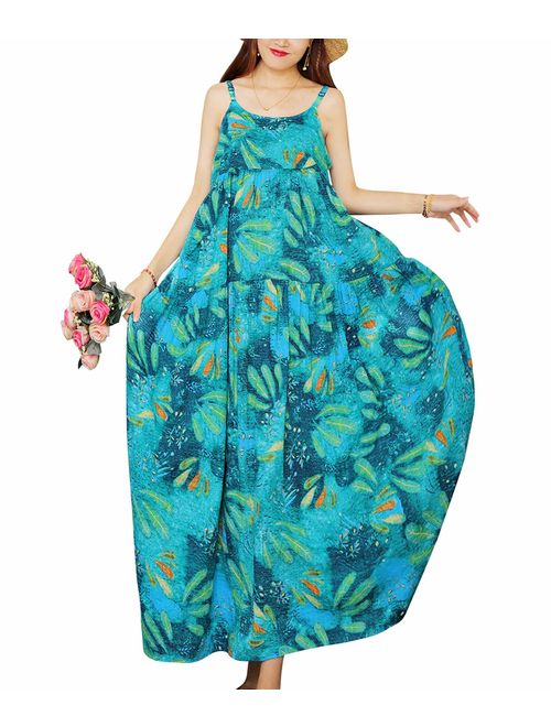 Buy YESNO Women Casual Loose Bohemian Floral Print Empire Waist Spaghetti  Strap Long Maxi Summer Beach Swing Dress XS-5X E75 online | Topofstyle