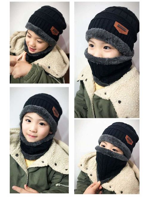 XYIYI Kids Winter Hat and Scarf Set, 2Pcs Warm Knit Beanie Cap and Scarf for 5-14 Years Old