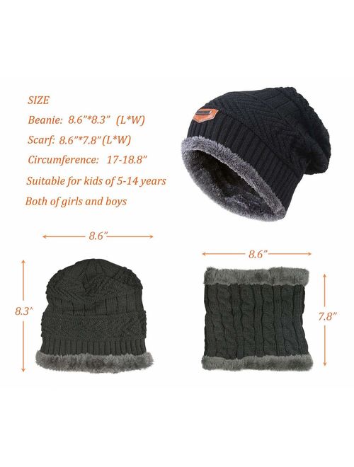 XYIYI Kids Winter Hat and Scarf Set, 2Pcs Warm Knit Beanie Cap and Scarf for 5-14 Years Old