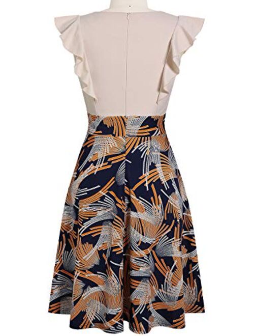 YATHON Women's Vintage Ruffle Floral Flared A Line Swing Casual Cocktail Party Dresses