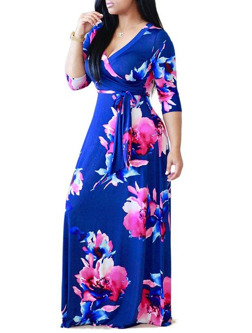 SheKiss Womens Casual V-Neck Floral Print Long Maxi Flowy Dress Plus Size Plain Party Vintage Outfits 