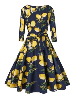 Women's Dress 3/4 Sleeve Calf-Length Retro Floral Vintage Dress Audrey Hepburn Style