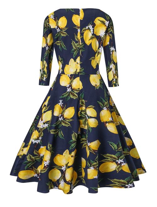 Women's Dress 3/4 Sleeve Calf-Length Retro Floral Vintage Dress Audrey Hepburn Style