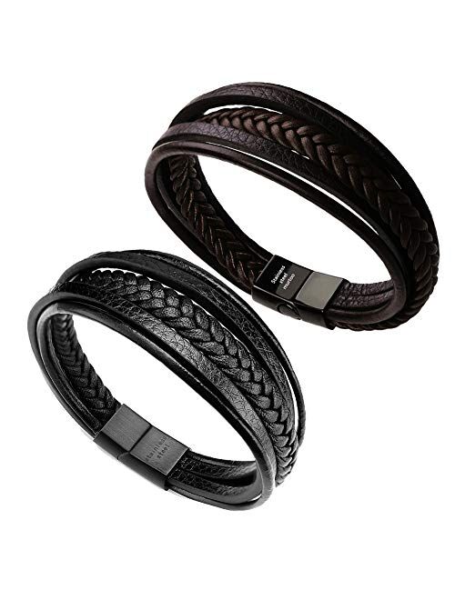 murtoo Mens Leather Bracelet with Magnetic Clasp Cowhide Multi-Layer Braided Leather Mens Bracelet