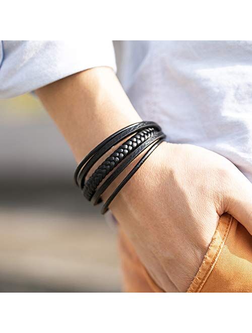 murtoo Mens Leather Bracelet with Magnetic Clasp Cowhide Multi-Layer Braided Leather Mens Bracelet