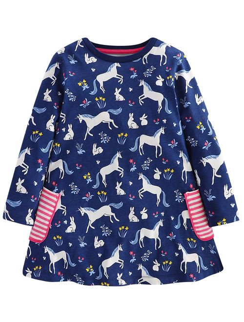 Fiream Toddler Girls Floral Printing Cotton Longsleeve Casual Dresses