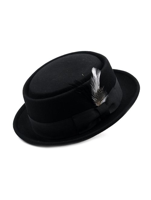 NYFASHION101 Mens Crushable Wool Felt Porkpie Hat w/Feather