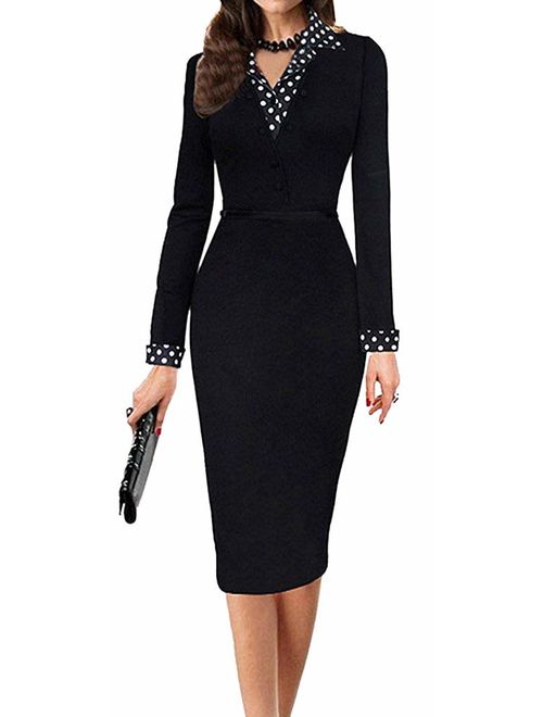 LunaJany Women's Polka Dot Long Sleeve Wear to Work Office Pencil Dress