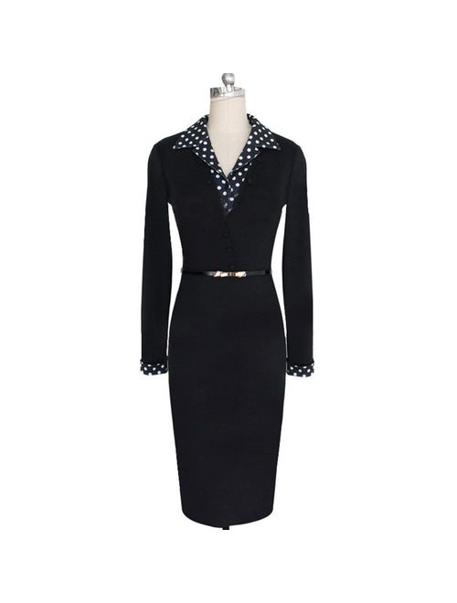 LunaJany Women's Polka Dot Long Sleeve Wear to Work Office Pencil Dress