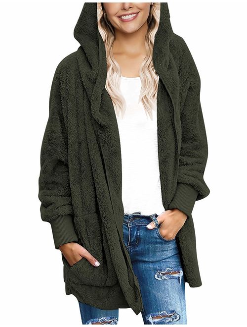 Yanekop Womens Fuzzy Fleece Open Front Hooded Cardigan Jackets Sherpa Coat with Pockets