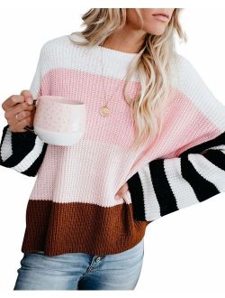 OWIN Womens Lightweight Sweaters Casual Striped Color Block Knit Sweater Long Sleeve Crew Neck Loose Pullover