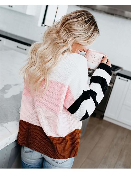 cordat Womens Casual Crew Neck Color Block Oversized Lightweight Sweater Long Sleeve Knit Pullover Jumper Tops