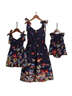 PopReal Mommy and Me Floral Printed Dresses Shoulder Straps Bowknot Chiffon Sleeveless Beach Mini Sundress