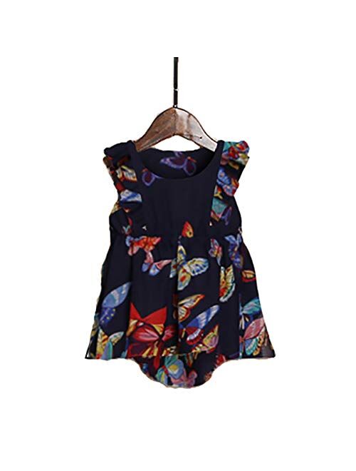 PopReal Mommy and Me Floral Printed Dresses Shoulder Straps Bowknot Chiffon Sleeveless Beach Mini Sundress