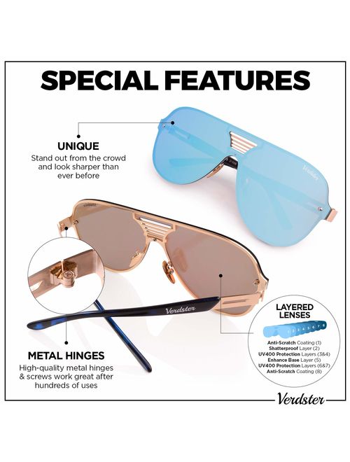 Verdster Blade Mirrored Oversized Aviator Sunglasses - Flat Frame - Blue