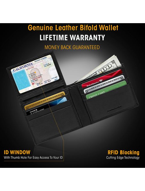 Slim Leather Bifold Wallets For Men - Minimalist Mens Wallet RFID Blocking Card Holder With ID Window Box Gifts For Men