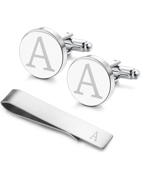 LOYALLOOK Stainless Steel Engraved Initial Cufflinks and Tie Clip Bar Set Alphabet Letter with Gift Box A-Z