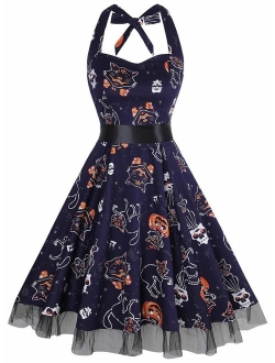oten Women's Vintage Polka Dot Halter Dress 1950s Floral Sping Retro Rockabilly Cocktail Swing Tea Dresses