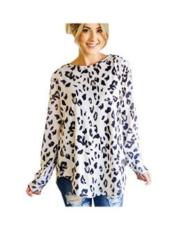 Tickled Teal Women's Long Sleeve Leopard Knit Casual Loose Sweater Outerwear