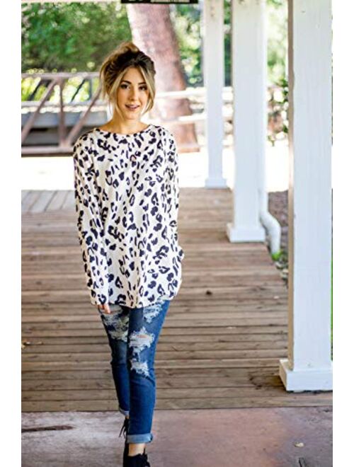Tickled Teal Women's Long Sleeve Leopard Knit Casual Loose Sweater Outerwear