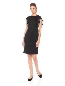Women's Solid Sheath with Pearl Detailed Flutter Sleeve Dress