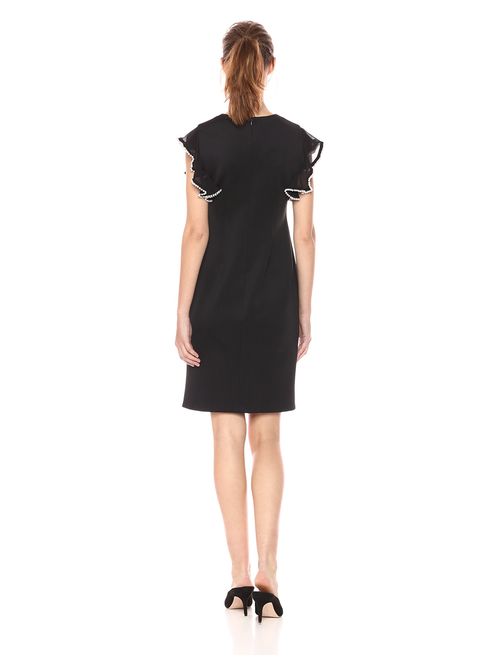 Calvin Klein Women's Solid Sheath with Pearl Detailed Flutter Sleeve Dress