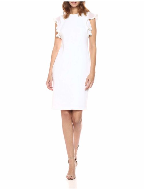 Calvin Klein Women's Solid Sheath with Pearl Detailed Flutter Sleeve Dress