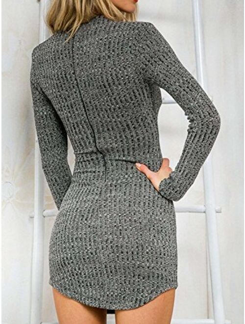 DREAGAL Women's Plunge Neck Lattice Lace Up Long Sleeve Bodycon Mini Dress
