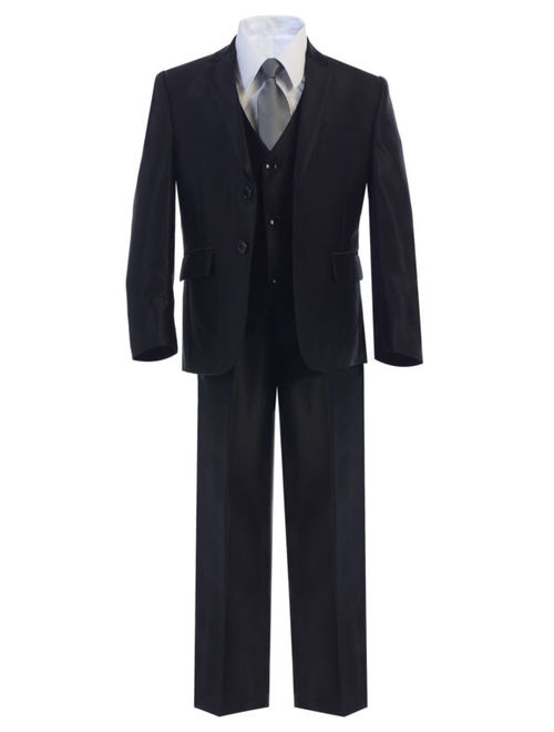 Gorgeous Premium Boy's 5pc Shiny Formal BLACK Dress Suit w/ Vest Sz 2-20
