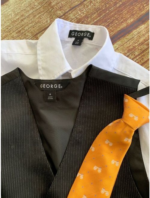 $6O Boys 5 George PIN Stripe Vest Blk dress PANTS White Button Shirt Tie OUTFIT