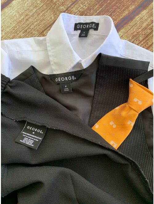 $6O Boys 5 George PIN Stripe Vest Blk dress PANTS White Button Shirt Tie OUTFIT