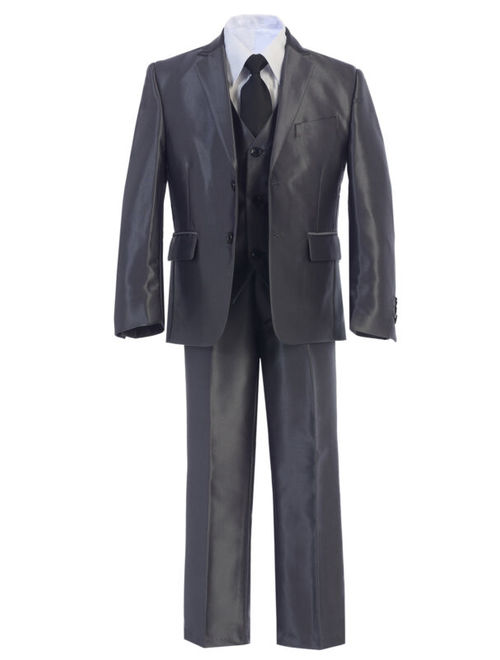 Gorgeous Premium Boy's 5pc Shiny Formal DARK GREY Dress Suit w/ Vest Sz 2-20