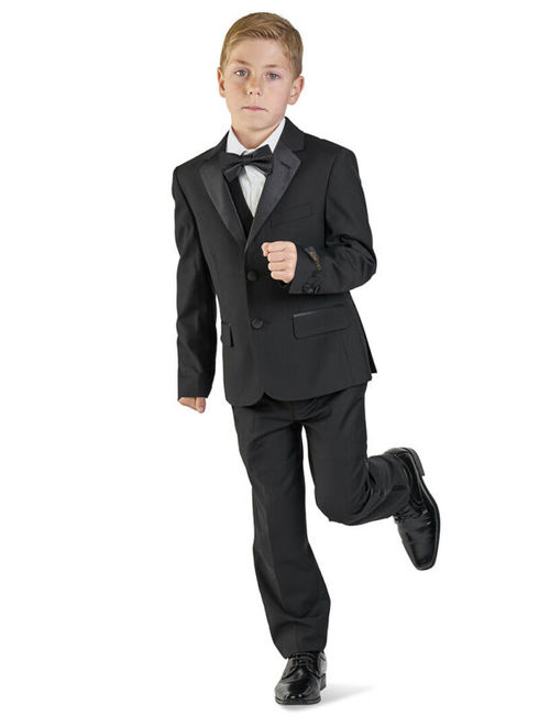 Boy Suit Tuxedo Black 5 Piece Set Satin Details Kid Dress Formal Wedding AZARMAN