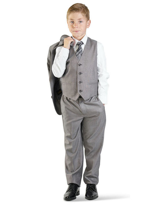 Boys Solid Silver Suit 5 Piece Set Notch Lapel Kids Formal Dress AZARMAN 5600