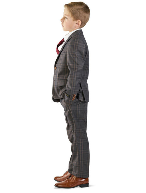 Boys Suit Tuxedo Bronze 5 Piece Set Windowpane Plaid Kids Dress Formal AZARMAN