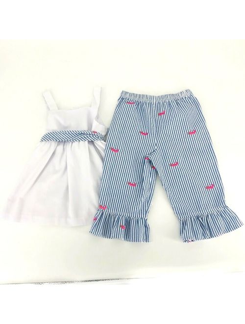 Kelly's Kids Girls Pants 6 7 Set Blue White Stripes Pink Alligators Ruffle