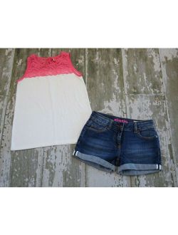 RUBY & BLOOM White Pink lace Trim Tank Top Shirt Johnnie BODEN Denim shorts Set