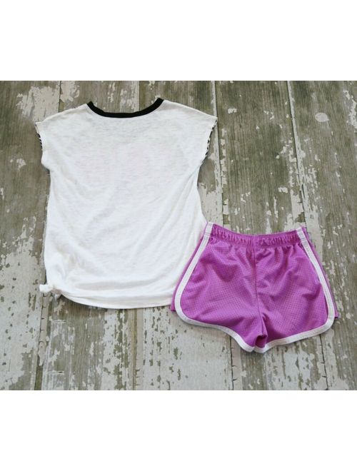 JUSTICE White Short Sleeve SWIM Purple Graphic Sparkle Side Tie Shirt Shorts Set