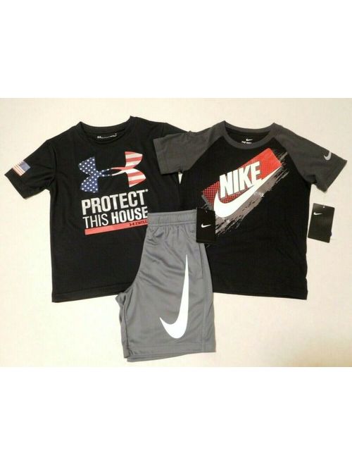 NWT Boys 3pc Nike Under Armour Logo Shirts & Nike Gray Shorts sz 6