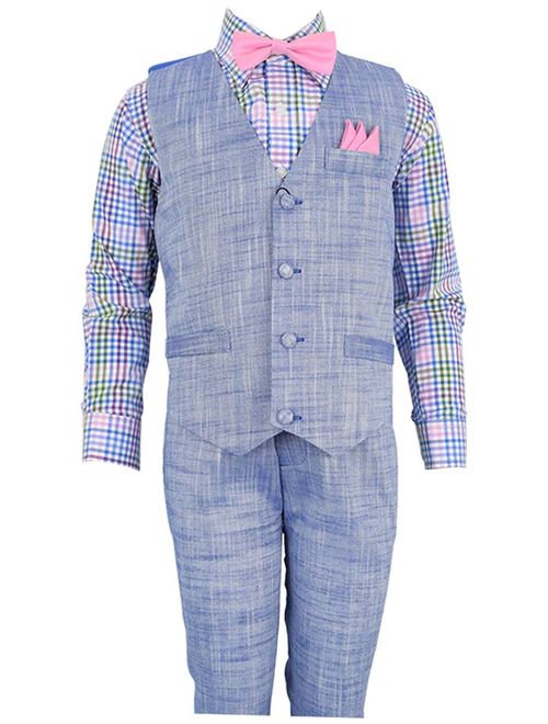 Vittorino Boys Linen Look 4 Piece Suit Set with Vest Pants Shirt and Tie Boys-LinenVest-Spring