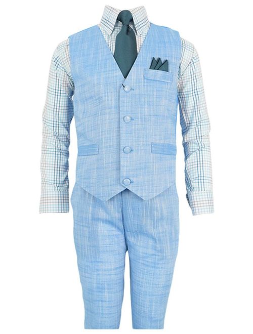 Vittorino Boy's Linen Look 4 Piece Suit Set with Vest Pants Shirt and Tie