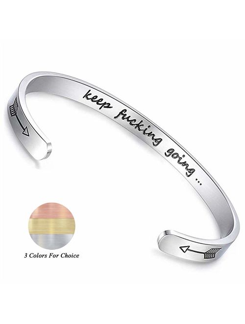 CERSLIMO Bracelets Inspirational Gifts for Women,Stainless Steel Personalized Engraved Positive Quote Keep Going Bracelets Cuff Bangle Motivational Friendship Encourageme