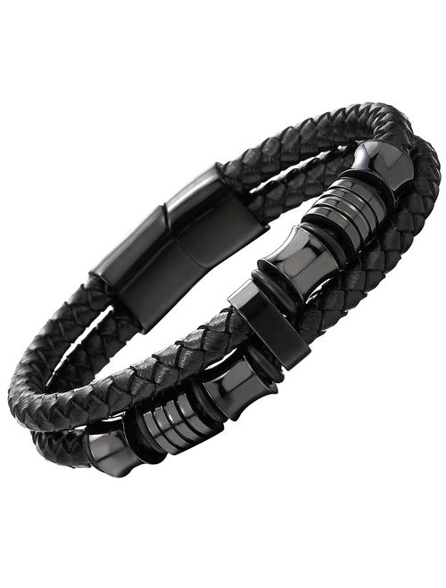 COOLSTEELANDBEYOND Unisex Men Womens Black Braided Leather Bracelet Bangle Wristband with Gold Color Steel Spring Clasp 