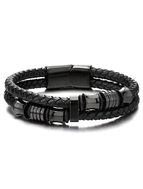 COOLSTEELANDBEYOND Mens Double-Row Black Braided Leather Bracelet Bangle Wristband with Black Stainless Steel Ornaments
