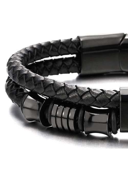 COOLSTEELANDBEYOND Mens Double-Row Black Braided Leather Bracelet Bangle Wristband with Black Stainless Steel Ornaments