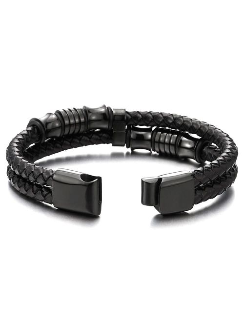 COOLSTEELANDBEYOND Mens Double-Row Black Braided Leather Bracelet Bangle Wristband with Black Stainless Steel Ornaments 