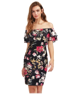 Women's Floral Ruffle Off Shoulder Party Sexy Bodycon Dress