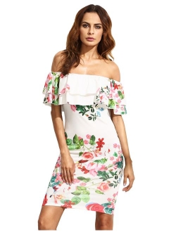 Women's Floral Ruffle Off Shoulder Party Sexy Bodycon Dress