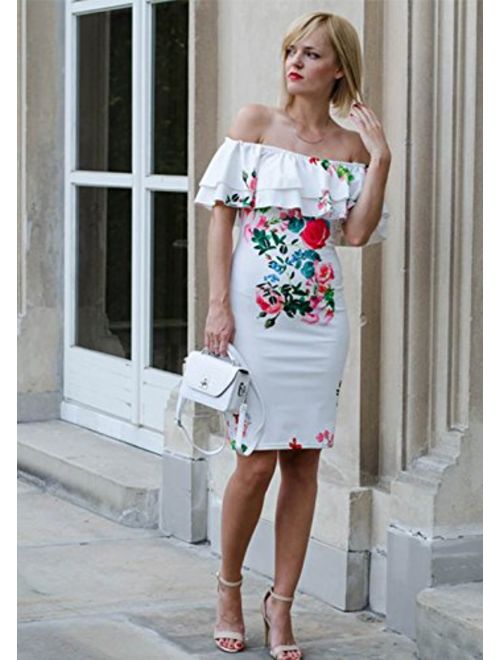 Floerns Women's Floral Ruffle Off Shoulder Party Sexy Bodycon Dress
